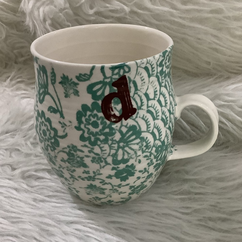 Anthropologie green floral monogram D coffee cup